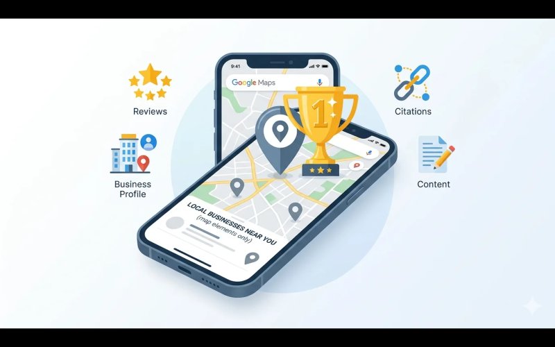 rank higher on google maps 2026, google maps ranking factors, local pack ranking, get to top of google maps, local SEO guide 2026, google business profile ranking tips